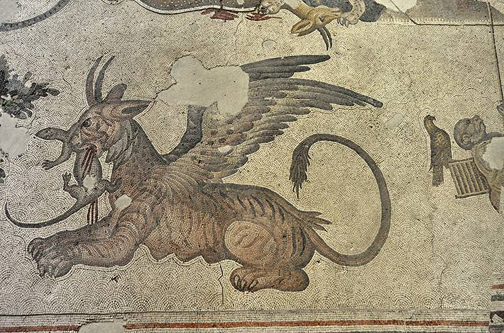 "Great Palace Mosaics   Lizard-eating Griffon Goat Milking Man Mosaic terracotta colored stones  "